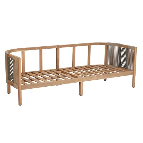 Christopher Knight Home Outdoor Acacia Wood 3-Seater Sofa, 76'' Upholstered Cushion Couch, Patio Acacia Wood Bench Sofa, Spacious Outdoor Seating Bench Couch for Garden Porch Balcony, Teak+Beige