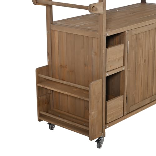 Christopher Knight Home Edsel Outdoor Bar Cart with Stainless Steel Top and Lockable Wheels, Solid Wood Outdoor Storage Cabinet, Kitchen Island Serving Cart for Poolside, Garden, Natural Brown+Silver