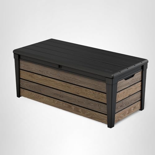 Keter Signature Everwood 30 Gallon Resin Outdoor Storage Box and Patio Furniture Side Table for Pool and Garden Accessories, Walnut