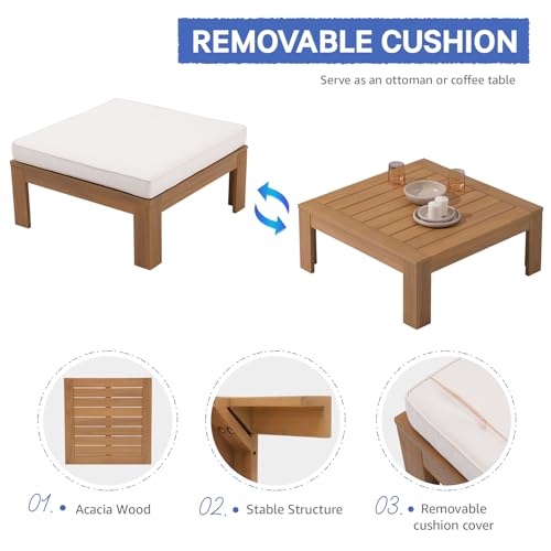 SUNSITT 6 Piece Acacia Wood Patio Furniture Outdoor Sectional Sofa Set with Adjustable Armrest, FSC Certified L-Shaped Patio Set w/2-in-1 Coffee Table, Cream White Cushions for Garden
