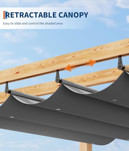 GarveeLife 10 x 13 ft Wood-Grain Outdoor Pergola with Retractable Canopy UV Protection Rust-Resistant Sturdy 4-Side Base for Patio Garden Backyard Deck (Gray)