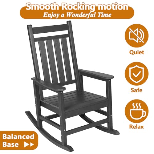 HRVEOCEI Oversized Outdoor Rocking Chair Set of 2 with Table, HDPE Patio Racking Chairs for Front Porch Outside All Weather, 300 LBS Capacity (Set of 2, Black)