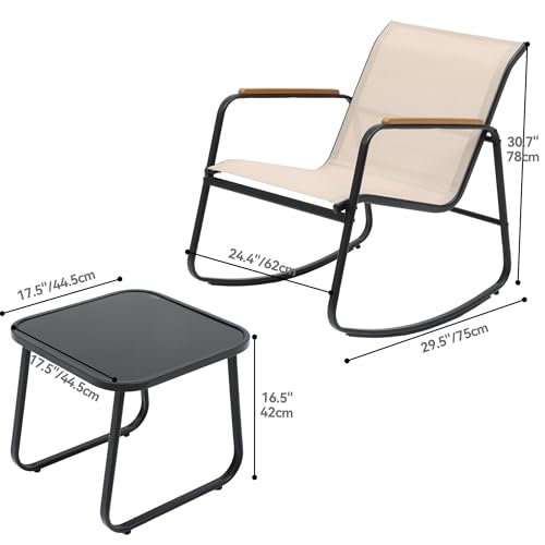 DWVO Patio Rocking Bistro Set, 3 Piece Durable Textilene Outdoor Furniture Set, Wooden Armrest Rocker Chairs & Glass Table for Garden, Balcony & Poolside, Beige