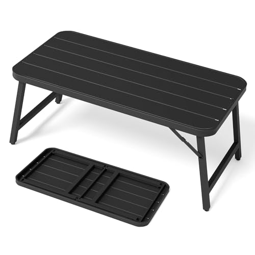 VINGLI Outdoor Folding Coffee Table, Rectangle Drainable Iron Patio Table for Balcony, Porch, and Living Room, Black