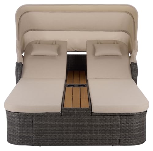 SAFAVIEH Outdoor - Victoria Grey Brown & Taupe Double Daybed, Rattan Canopy Lounger with Reversible Cushions, Cup Holders, Patio Furniture for Deck, Backyard, Poolside (PAT7759A)