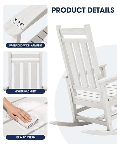 KINGYES Oversized Outdoor Rocking Chair Set of 2, All-Weather Patio Rocking Chairs for Porch, HDPE Outdoor Patio Recliner Rockers with High Back & Wide Seat for Garden, Lawn, White