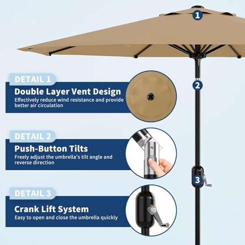 Garvee 9 ft Patio Umbrella - 8 Sturdy Ribs Outdoor Table Umbrella with Crank Lift & Push Button Tilt - Market Umbrella for Pool, Deck, Yard, Garden - Tan