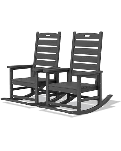 SERWALL Outdoor Rocking Chair Set of 2, Oversized Rocking Chair with Footboard for Adults, HDPE All Weather Resistant Rocking Chairs for Patio, 350lbs Weight Capacity, Gray
