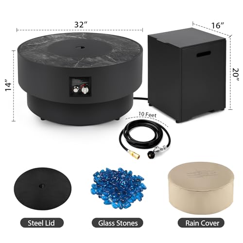 COMAZOO 2PCS 32 Inch Round Fire Pit Table with Tank Cover, 2-in-1 Outdoor Propane Fire Pit Table for Patio, Garden & Backyard, 50,000 BTU with Lid, Glass Rocks & Waterproof Cover, Black