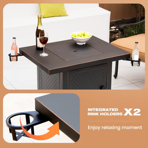 Verdeluxe 32'' Propane Fire Pit,50000 BTU Gas Firepit Table with 2 Drink Holders, Lid & Lava Rock,Outdoor Fire Pit Table for Dining or Party,Propane Firepits for Outside,Patio,Yard