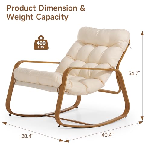 ONBRILL Rocking Chair with Thick Cushion Outdoor Indoor, Premium Iron Wood Grain Patio Papasan Rocker, Cozy Rocker for Garden, Balcony, Living Room, Bedroom
