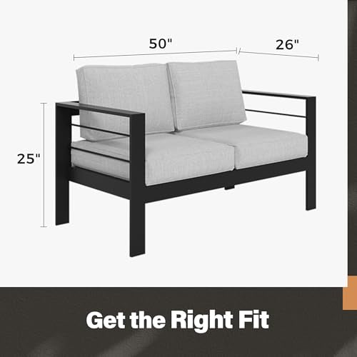Solaste Aluminum Patio Loveseat, Metal Patio Sofa with Water-Resistant Cushion, Weather-Resistant Modern Outdoor Loveseat, Black Frame Grey Cushion