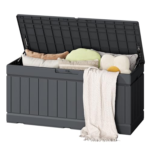 Flamaker Outdoor Storage Box 80 Gallon Resin Waterproof Deck Box Delivery Box with Wood Texture Large Storage Bin for Patio Cushions, (Grey)