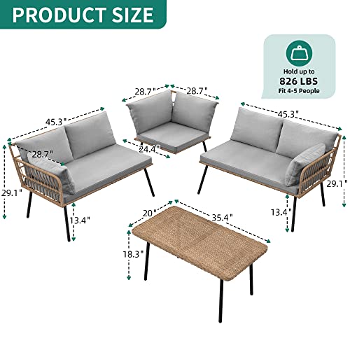 YITAHOME 4 Pieces Patio Furniture Set, Outdoor Wicker Conversation Sectional L-Shaped Sofa with 5 Seater for Backyard, Porch, Boho Detachable Lounger with Thickness Cushions and Side Table - Grey