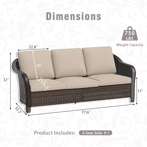 Qsoer 77 inch Outdoor Wicker 3 Seater Sofa, All-Weather Use Patio Rattan Sofa with Seat and Back Cushion, Ideal for Porch, Backyard, Balcony, Poolside, Beige