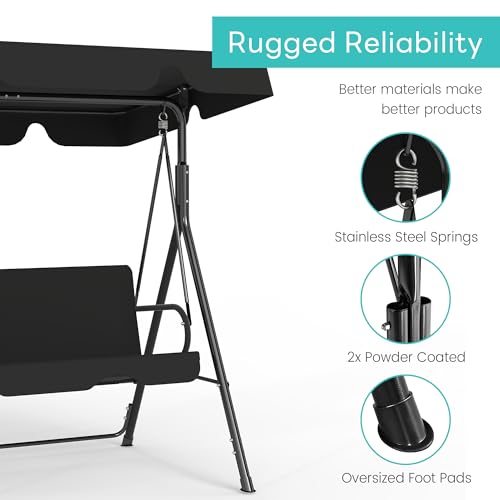 Murago Outdoor Patio Swing Chair with Adjustable Canopy, Outdoor Patio Glider Swing with Heavy Duty Stand for 3 Adult Persons, Ideal for Deck, Lawn, Backyard, or Porch, Black