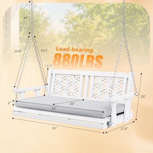 VINGLI 4.5 FT Outdoor Porch Swing with Cushions, Heavy Duty 880 LBS 2-Person Wooden Patio Swings with Eternal Flower Pattern and Fade-Resistant Seat Cushion for Yard, Garden, Tree (White)