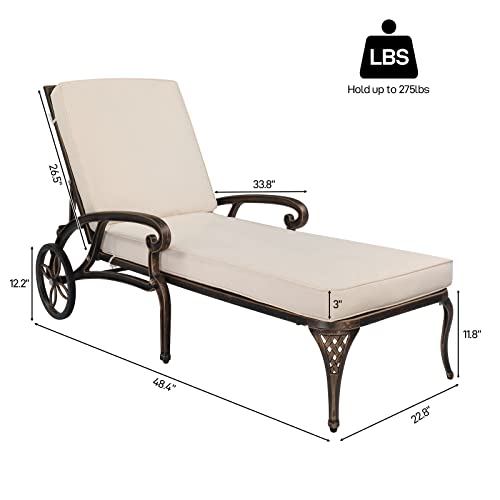 VINGLI Cast Aluminum Outdoor Chaise Lounge Chair with Wheels, Patio Chaise Lounges with 3-Position Adjustable Backrest, Pool Lounge Chair Reclining Chairs for Poolside Tanning (2, Bronze & Cushion)