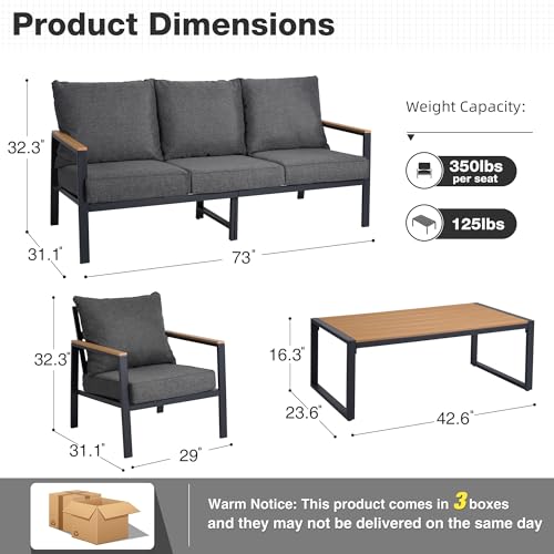 COMLAX FIELD Patio Furniture Set, 4 Pieces Outdoor Furniture Patio Conversation Set with High Back, Faux-Wood Armrest and Tabletop, Outdoor Couch Patio Sofa Set for Balcony, Porch, Backyard, Grey