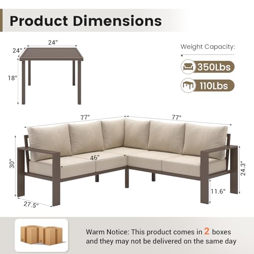 UDPATIO 6 Piece Patio Furniture Set, Metal Outdoor Sectional Sofa with 6" Thick Olefin Cushions, Wide Armrest & Coffee Table, L Shaped Outdoor Furniture for Garden, Backyard Beige