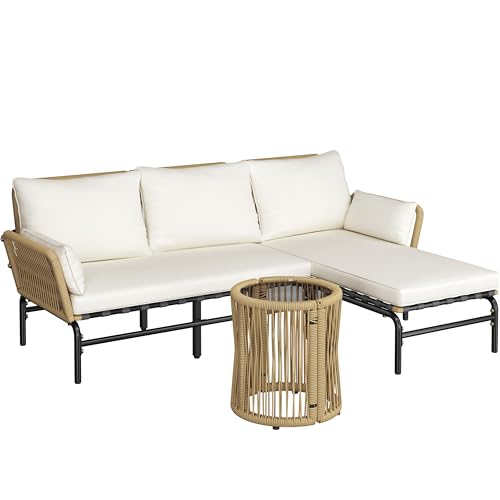 Yaheetech 3 Pieces L-Shaped Conversation Sofa Set, Outdoor Patio Furniture Set w/Detachable Lounger, Thick Cushions, Glass Side Table for Patio, Backyard, Porch, Garden