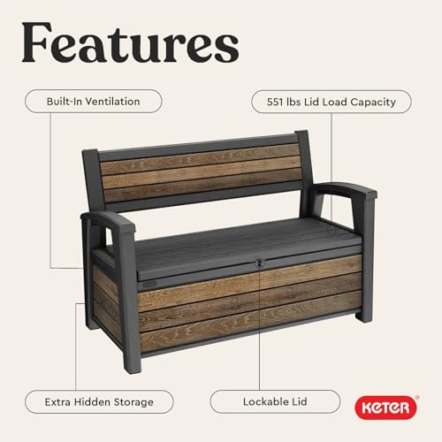 Keter Signature 60 Gallon Storage Bench Deck Box for Patio Furniture, Front Porch Decor and Outdoor Seating – Perfect to Store Garden Tools, Walnut