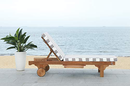 SAFAVIEH Outdoor Collection Newport Natural/ Grey & White Stripe Cushion Built-in Side Table Adjustable Chaise Lounge Chair