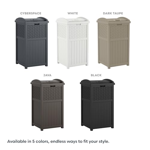 Suncast 33 Gallon Commercial Outdoor Trashcan Hideaway with Lid for 30 to 33 Gallon Trash Bags for Garage, Backyard, or Garden, Brown