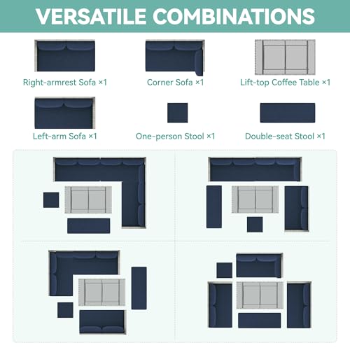 YITAHOME 9PCS Patio Furniture Set with Lift-Top Coffee Table & Ottoman, Outdoor Modular Sectional Sofa, Waterproof Patio Conversation Set, All-Weather Patio Sofa, Outdoor Sectional for Deck Backyard