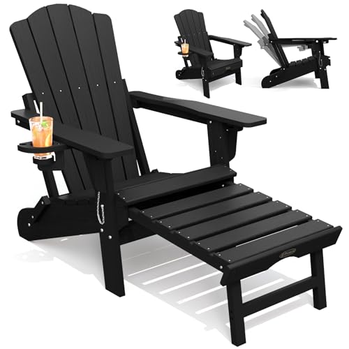 THOEOE Folding Adjustable Adirondack Chairs with Ottoman & 1 Cup Holders, HDEP Multifunctional Adirondack Chair with Footrest,Black