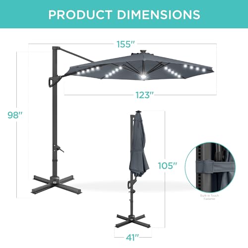 Best Choice Products 10ft Solar LED Cantilever Patio Umbrella, 360-Degree Rotation Hanging Offset Market Outdoor Sun Shade for Backyard, Deck, Poolside w/Lights, Easy Tilt, Cross Base - Slate