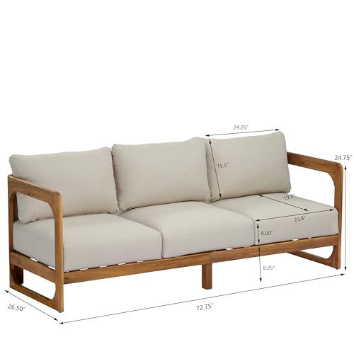 Christopher Knight Home Daria Acacia Wood Outdoor 3 Seater Sofa with Cushion, Solid Wood Patio Sofa with Removable Cushion, Comfy Lounge Sofa for Patio Furniture Set, Teak+Beige