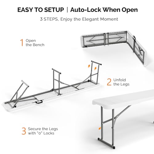 VINGLI 6 feet Plastic Folding Bench,Portable in/Outdoor Picnic Party Camping Dining Seat, Garden Soccer Multipurpose Entertaining Activities, Smooth HDPE Tabletop (2, White, 6ft)