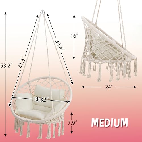 KROFEM Hammock Chair Swing Chair with Boho Medium Cushion, Macrame Hanging Chair for Bedroom, Indoor, Outdoor, Balcony, Porch, Beige