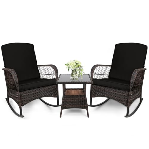 LEVELEVE 3 pcs Rocking Bistro Set Conversation Chairs PE Wicker Outdoor Rocking Chairs & Glass Table,for Porch Lawn Garden Backyard Deck(Rocking Set,Black)