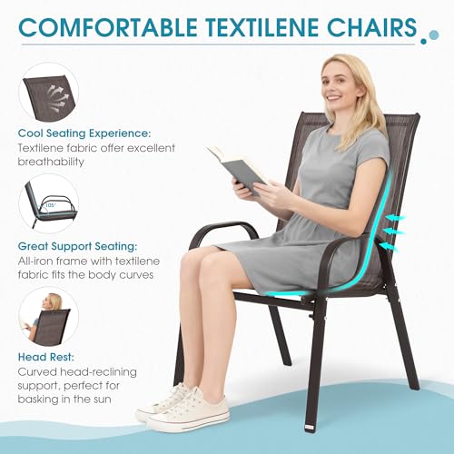 Villeston 24.4" Wide Outdoor Stackable Chairs Set of 4, Stacking Patio Chairs with Textilene Fabric, Outside Furniture for Garden Backyard Balconie Poolside Deck, Brown