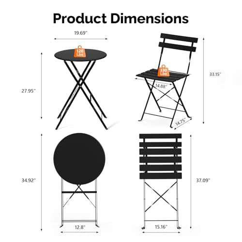VINGLI Outdoor Folding Bistro Table and Chairs Set of 2, 3-Piece Bistro Set with Premium Steel Frame for Patio, Balcony, Garden, Porch, Yard, Black