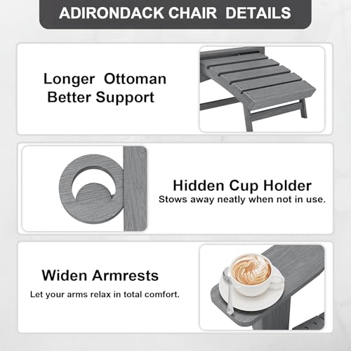 Polyhouz Folding Adirondack Chair with Retractable Ottoman,HDPE Outdoor Adirondack Chair with Cup Holder,All-Weather Lounge Chairs for Outside,Patio,Pool,Fire Pit,Grey
