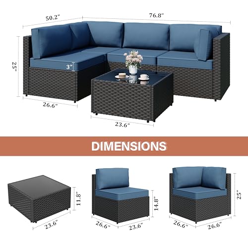 JAMFLY Patio Furniture Sets, 5-Piece Outdoor Patio Furniture with Thick Cushions, Wicker Outdoor Conversation Set Sectional Sofa for Backyard, Poolside, Garden, Aegean Blue
