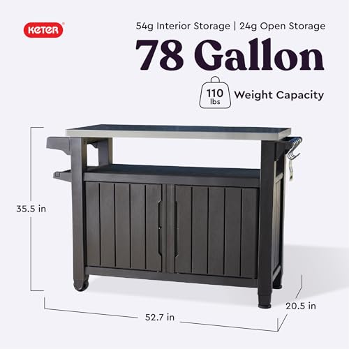 Keter Outdoor Rolling Table Cart for Food Prep, Storage, Bar & Grill, Dark Brown - Portable Kitchen Island Tabletop with Wheels for Drinks, Snacks, and Cooking