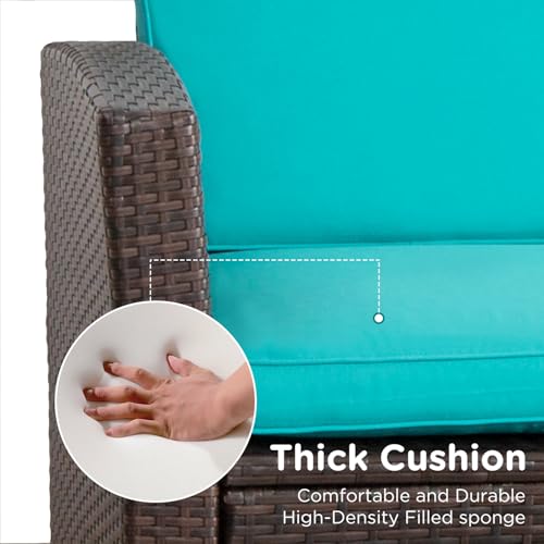 FDW 4 Piece Patio Furniture Sets, Wicker Conversation Set 4 All-Weather Outdoor Sectional Patio Sofa for Porch Deck with Blue Cushion Brown Rattan Sofa Chair