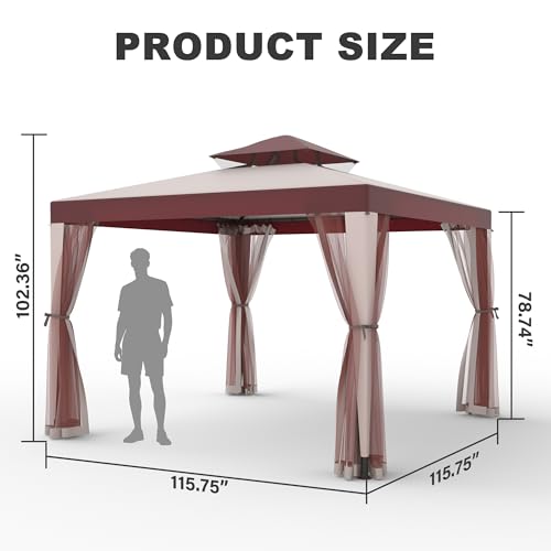 Outdoor Gazebo for Patio, 10×10 Canopy Tent with Mosquito Nettings & Double Roofs, Easy Setup Canopy Shelter for Party, Patio Gazebo for Lawn, Backyard, Garden (Red, 10'x10')