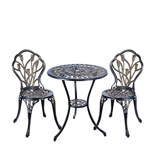 C/G 3 Piece Bistro Set,Outdoor Patio Set,Anti-Rust Cast Aluminum Bistro Table Set for Park Yard Front Porch Furniture(Antique Copper)