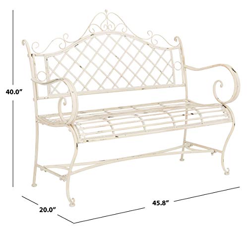 SAFAVIEH Outdoor - Abner Outdoor Iron Garden Bench - Antique White - Scrollwork Design - Ideal for Patio, Deck, Porch, Garden, 17" Seat Height (PAT5017A)