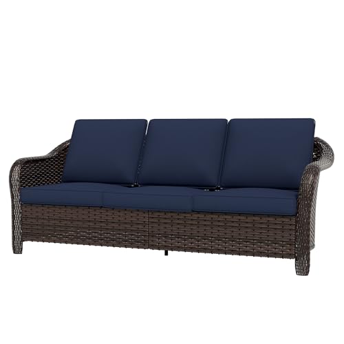 Qsoer 77 inch Outdoor Wicker 3 Seater Sofa, All-Weather Use Patio Rattan Sofa with Seat and Back Cushion, Ideal for Porch, Backyard, Balcony, Poolside, Blue
