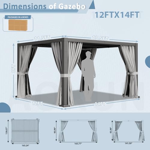 Aoxun Louvered Pergola 12' x 14' Aluminum Outdoor Pergola with Independent Adjustable Roofs, Curtains and Netting, Built-in Drainage System for Patios & Backyards, Rust Resistant Frame