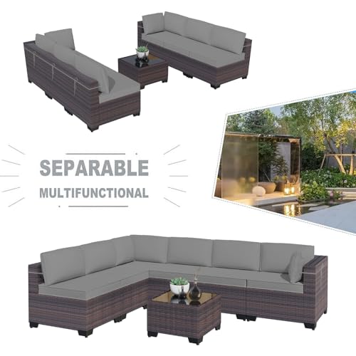 Kullavik 12PCS Outdoor Patio Furniture Set,PE Wicker Rattan Sectional Sofa Patio Conversation Sets with Tempered Glass Table,Swivel Rocking Chairs Set,Grey