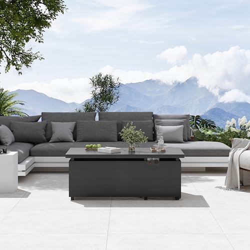 Sundale Outdoor 51 Inch Outdoor Fire Pit Table, 50,000BTU Rectangle Propane Fire Pit with Sliding Tank Holder, Glass Wind Guard, Removable Lid, CSA Certified, Gray