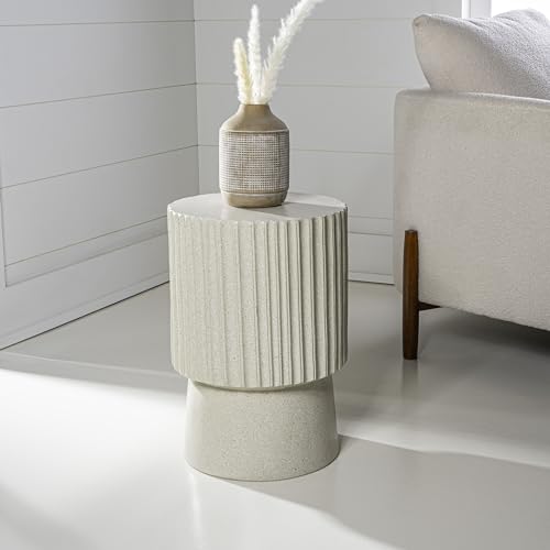 JONATHAN Y Louisa 19" Fluted Outdoor Accent Table, All-Weather Cream Terrazzo Pedestal Garden Stool, Small Round Side Table for Patio, Porch, and Living Room TBL1102B