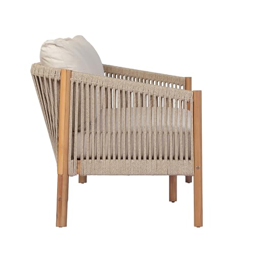 Christopher Knight Home Bubi 5-Seater Patio Furniture Set with Cushion, 4 Piece Outdoor Acacia Wood Conversation Set, Sold Wood Outdoor Sectional Sofa Set with Coffee Table, Teak+Beige